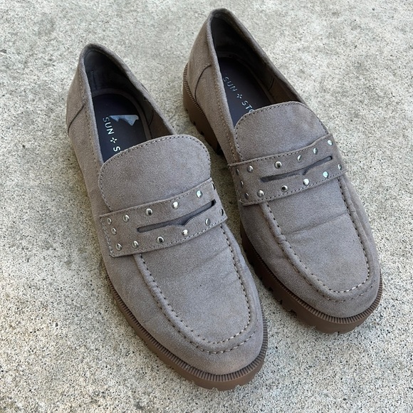 Sun + Stone Shoes - Sun + Stone Taelenn Taupe Faux Suede Studded Slip on Loafer Women's Size 8.5